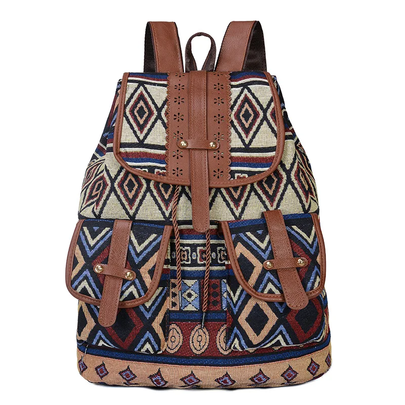 

New Ethnic Style Retro Decorative Pattern Backpack Women Canvas Handbag Fashion Personality Travel Pull belt Small Backpack
