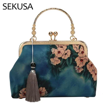 

Printed flower women evening bags with tassel small day clutch luxury new 2020 party handbags shoulder chain messenger purse