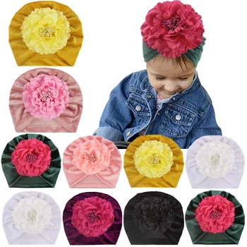 

Infant Newborn Baby Velet Hat Chiffon Large Flower Girls Winter Autumn Beanie Warm Cap Ear Warmer Children Turban Bebe Headwrap