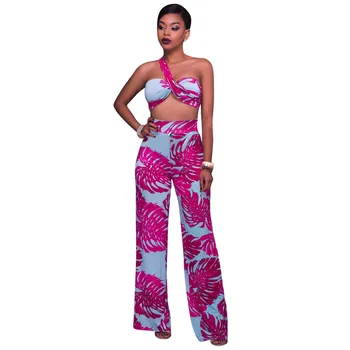 

Fashion Print Crop Tops and Flare Pants 2 Piece Set Women Summer Multiway Loose Wide Leg Pants Sexy Club Party Two Pieces Sets