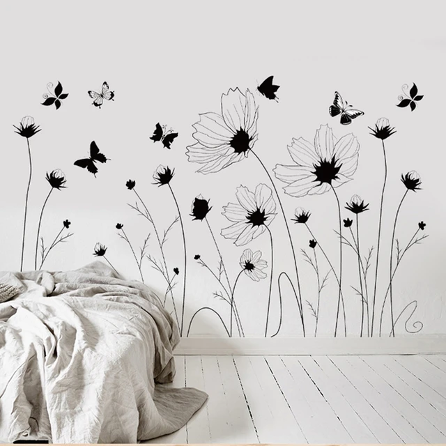 Autocollants Muraux Peints Fleurs Papillon En Noir Et Blanc, Décoration De  Maison, Salon, Chambre À Coucher, Stickers Muraux - Stickers Muraux -  AliExpress