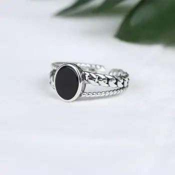 

925 Sterling Silver Rings For Women Personality Bblack Agate Chain Femme Fashion Fine Jewelry Simple Open Ring Vintage 925-1087