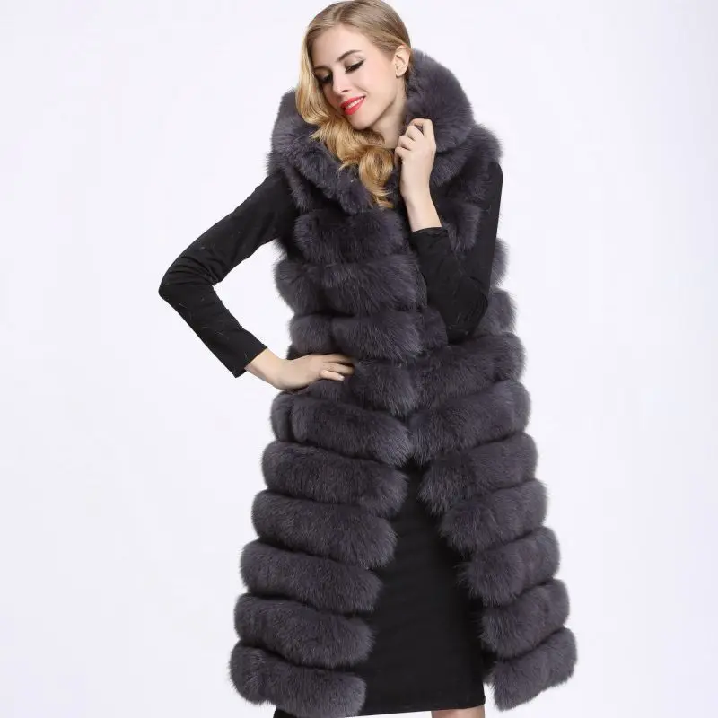 Women's New Winter Faux Fur Vest Fashion Hooded Imitation Fox Fur Vest Female Slim Fit Long Section Sleeveless Waistcoats D532 - Цвет: Dark Gray