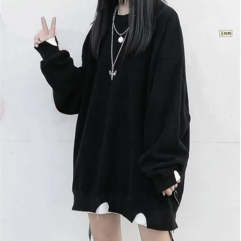 

Hoodies for Women Irregular Broken Hole Fake Two Piece 2020 Autumn Korean Fashion Style Loose and Lazy Wind BF Thin Pullovers
