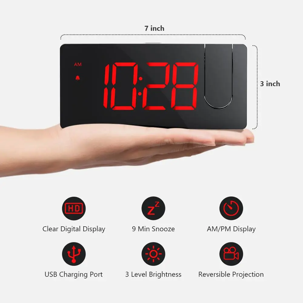 Mpow Многофункциональный светодиодный Проекционные часы 5-ти дюймовый изогнутый-Экран 3 уровня Дисплей Яркость зарядка через usb Порты и разъёмы цифровые часы-будильник