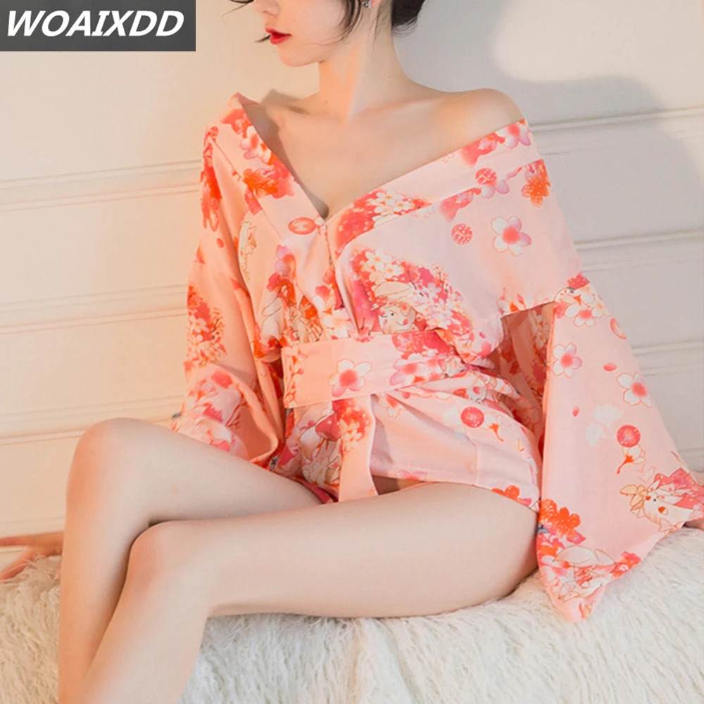 

Pink Sexy Sleepwear Women Japanese Clothes Underwear Split Short Dress Haori Print Kimono Long Sleeve Belt Adult Girl Nightgown