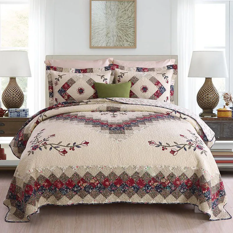 

American Pastoral Plaid Patchwork Bedspread Washed Cotton Quilted Embroidery Bed Cover Set Queen King Summer Quilt Set Handmade