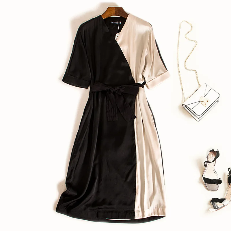 Новое черное летнее платье с v-образным вырезом в стиле пэчворк, длинное платье в стиле ампир, офисное женское атласное платье из 2 предметов, большие размеры - Цвет: Черный