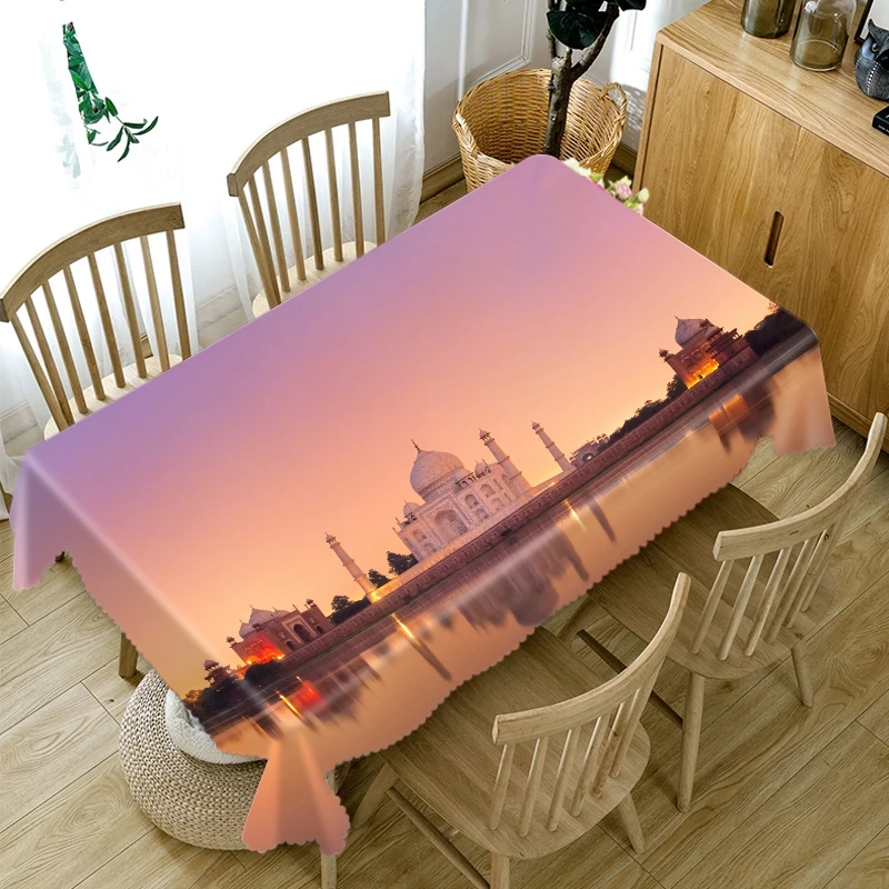 

3D Castle by the River Sunset Landscape Pattern Tablecloth Thicken Cotton Rectangular/Round Table Cloth for Wedding Picnic Party