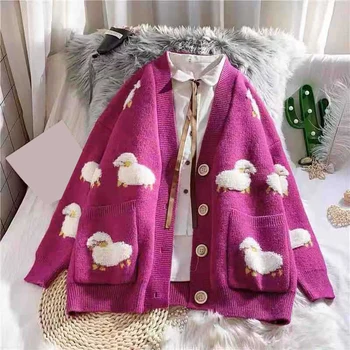 

Knitted Sheep Print Pocket Women's Cardigan V Neck Long Sleeve Button Cartoon Female Sweater Autumn Loose Casual Lady Cardigans