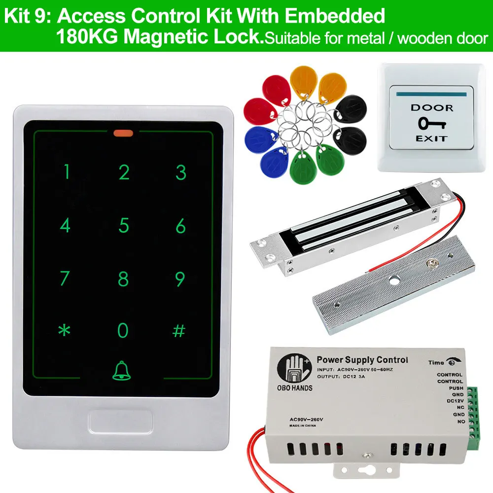 RFID система контроля доступа к двери комплект сенсорная металлическая клавиатура контроля доступа считыватель+ блок питания+ Электрический замок ударные болты замки - Цвет: Kit9