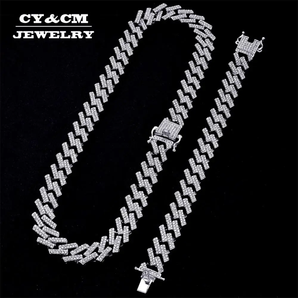 15mm Miami Prong Cuban Chain Link Silver Color Necklaces 2 Row Full Iced Out Rhinestones Bracelet Set for Mens Hip Hop Chains