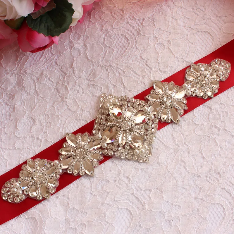 Лента Свадебная со стразами парец Huwelijk Riem Satijnen ruids Riem En Sash Voor ruiloft Decoratie - Цвет: Бургундия