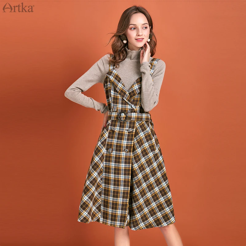 ARTKA 2019 Зима Новое Женское Платье Винтаж плед длинное шерстяное платье двубортное