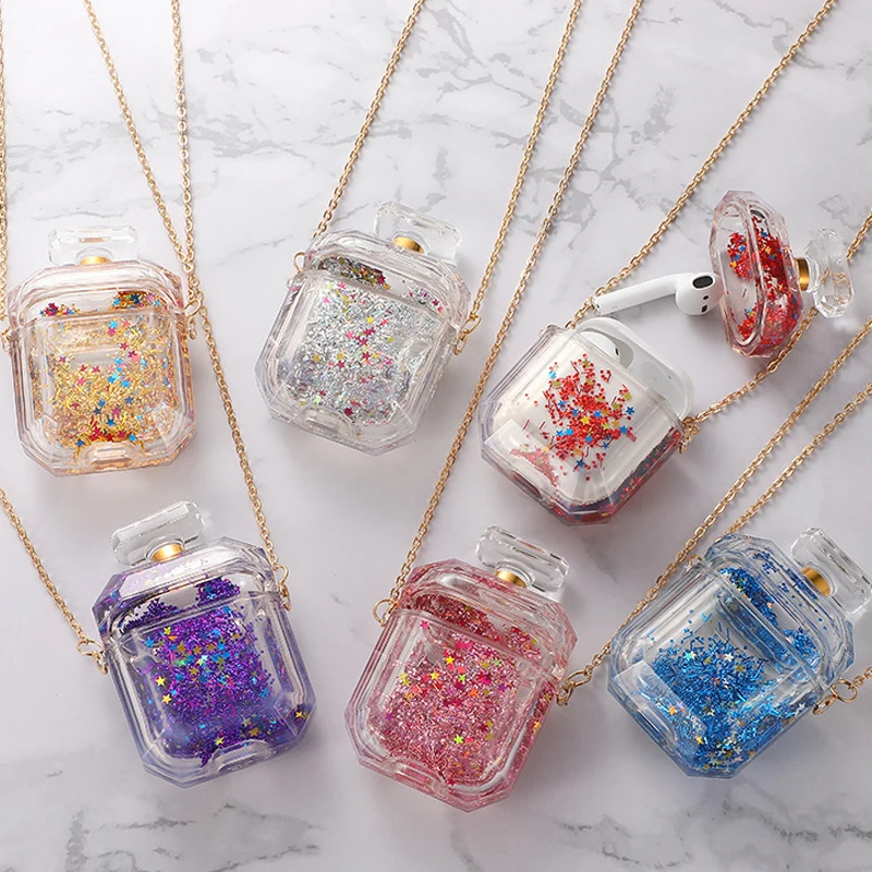 

For Apple AirPods 1 Dynamic Liquid Quicksand Headset Clear Case for Airpods 2 Perfume Bottle Metal Chain Wireless Earphone Cover