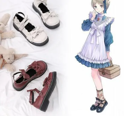 

Girl Women Sweet Low Heels Bowtie Pumps Low Square Buckle Straps PU Leather Cosplay Maid Shoes Kawaii Princess Lolita Shoes