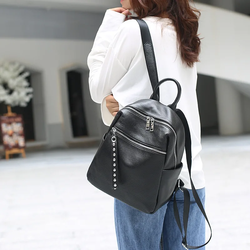 ZENCY 100% Soft Genuine Leather Silver Hardware Women's Backpacks Ladies Girls First Layer Cowhide Female School Book Backpack