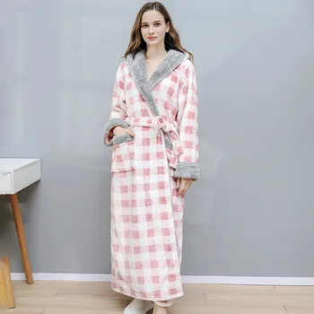 

Robes Women Flannel Mid-calf Autumn Winter Full Sleeves Patchwork Couple Style Warm Comfortable Absorption Thicken Large Size