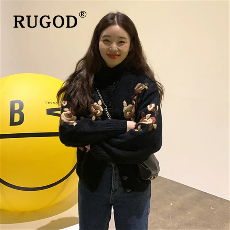 RUGOD, Осень-зима, стиль, шикарная Цветочная вышивка, винтажный кардиган, однобортный свитер, мода, Kpop одежда
