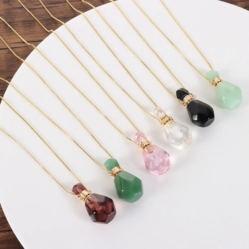 New Trendy Natural Pink Amethysts Quartz Tiger Eye Stone Perfume Bottle Pendant Necklace Oil Diffuser Vial Hang Pendant Jewelry