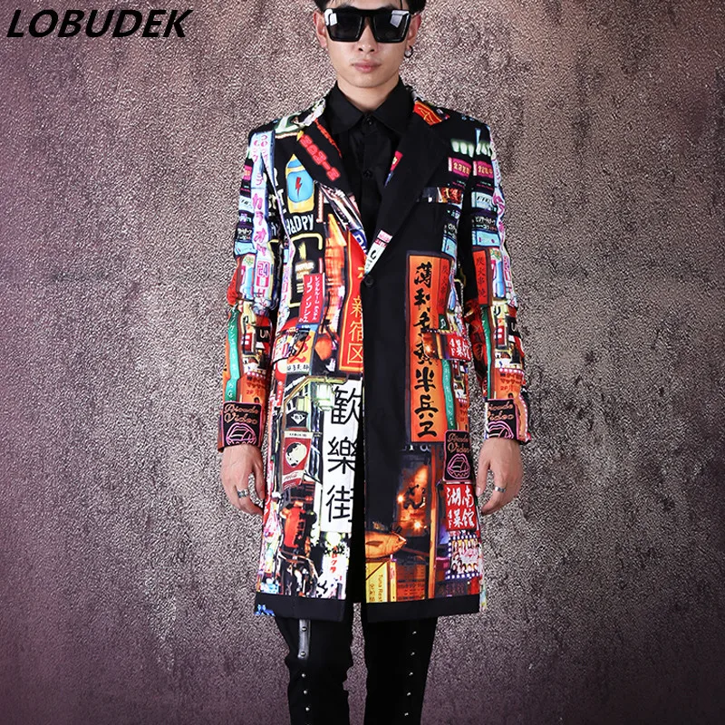 Мужской повседневный блейзер с принтом длинное пальто в стиле хип хоп|Пиджаки| |