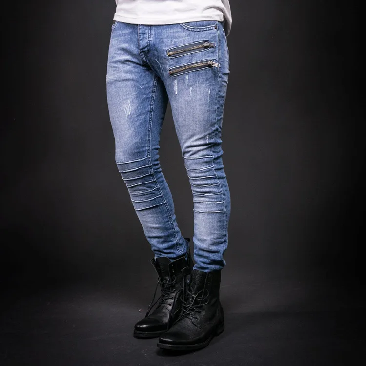 

Fashion Pencil jeans Leg zipper Design Zipper Wrinkle Elastic force Trousers and men's Skinny Pants