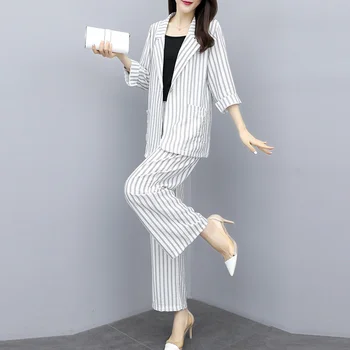 

Fashion Women pant Suits striped casual Blazer Jackets wide leg trouser Two Pieces Sets Female Outfits 2020 Fashion