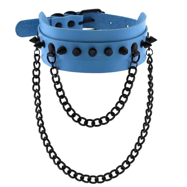Gothic  Spike Choker Chain Collar Gothic Fashion Rivet black Leather Chokers Harajuku Grunge Goth necklace girls witch cosplay light blue