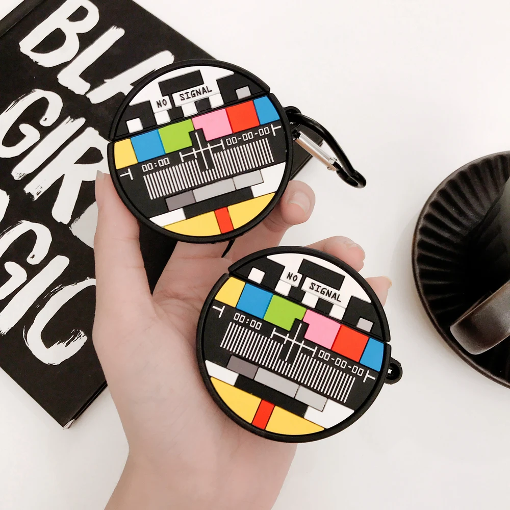 

3D TV Colorful screen no signal Earphone Silicone Case for AirPods 1 2 Bluetooth Headset Charging Box Protective Cover With Hook
