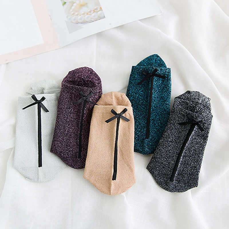Elegant Lady Women Bow Glitter Cotton Socks Shiny Happy Sock Funny Cute Solid Fashion Silk Harajuku Soft Elastic Hosiery|Носки| |