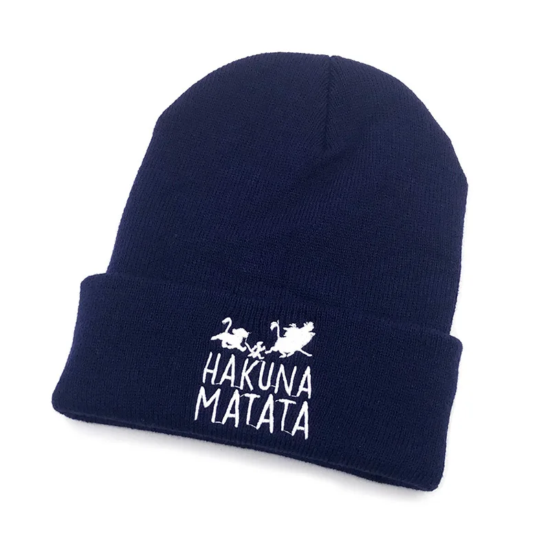 Теплые вязаные зимние шапки HAKUNA MATATA с вышивкой Skullies для мужчин и женщин