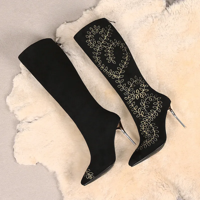 Meotina Winter Knee High Boots Women Kid Suede Zipper Thin Heels Long Boots Real Leather Extreme High Heel Shoes Lady Size 33-43
