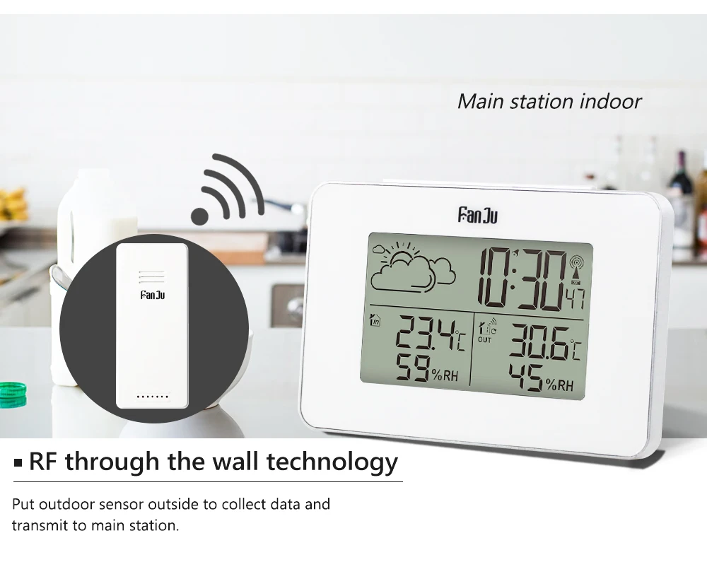 FanJu LCD Digital Alarm Clock Weather Station Wireless Sensor Hygrometer Thermometer Electronic Time Desktop Table Clocks