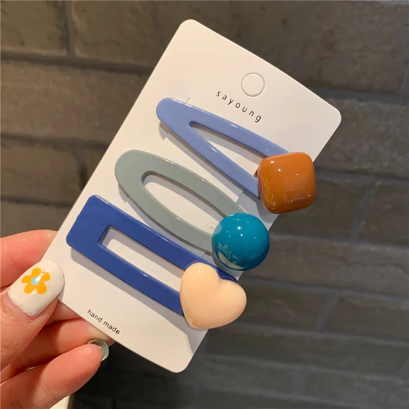 Mix color D M MISM New 3pcs/Set Girls Resin Hair Clips Candy Color Geometric Hairpins Barrettes Hair Ornament Children Hair Accessories - Color: Mix color D