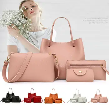 

4pcs Women Lady Leather Handbag Shoulder Bags Tote Purse Messenger Satchel Set Casual Solid Color