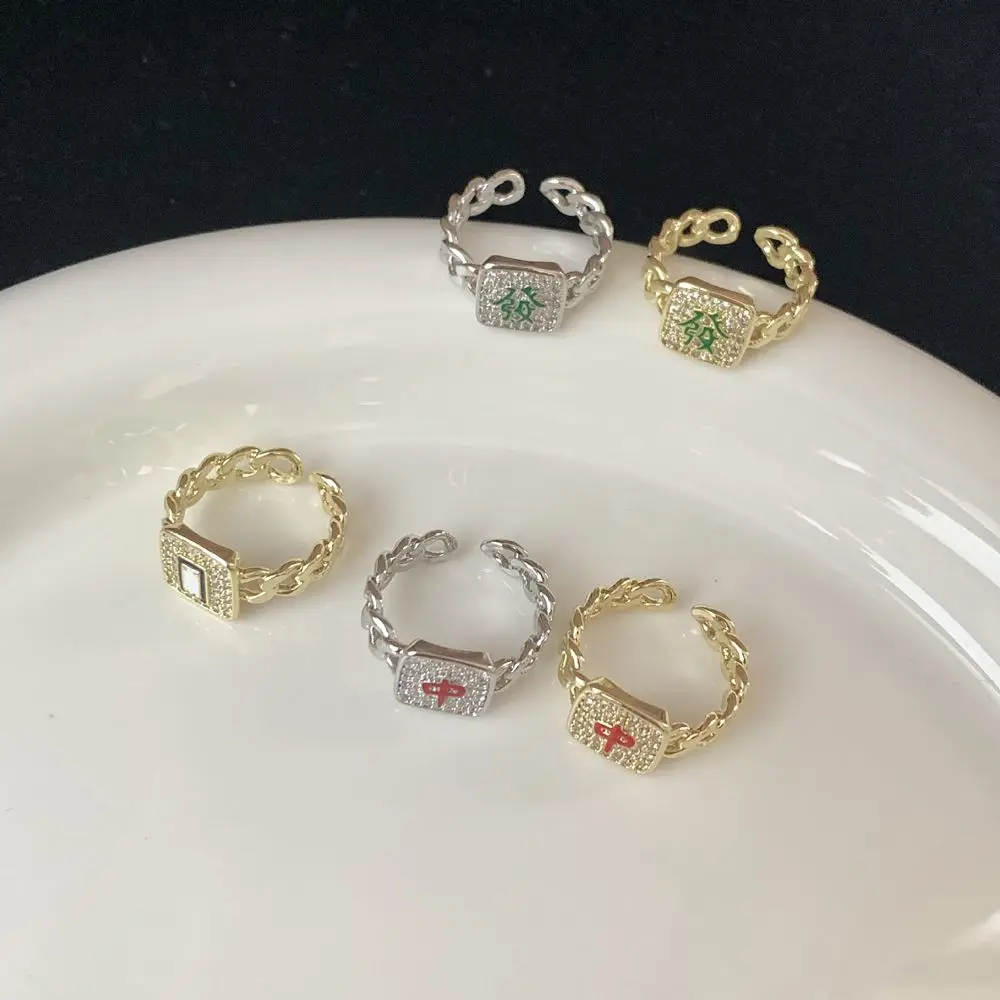 Chinese Mahjong Elements Geometric Rings Adjustable Finger Rings Women Girl Jewelry Accessories Metal Rhinestone Finger Buckle