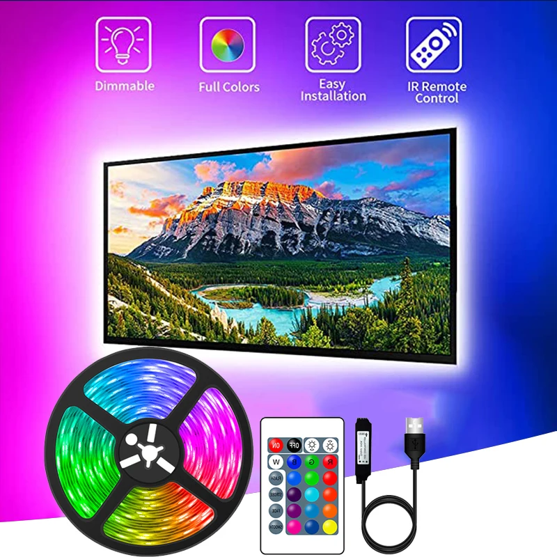 Led Light Strip 5V USB with Remote Control TV Backlight Desk Screen RGB 5050 Lights for Room Flexible Ribbon Wall Decoration | Лампы и