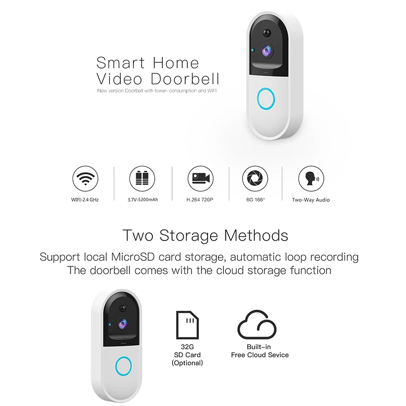  B50 WiFi Visual Door Phone Doorbell Camera Smart IP Video Intercom 720p PIR Wireless Security Camer