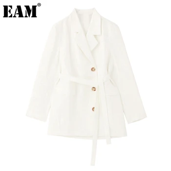 

[EAM] Women White Button Bandage Temperament Blazer New Lapel Long Sleeve Loose Fit Jacket Fashion Spring Autumn 2020 1Z112