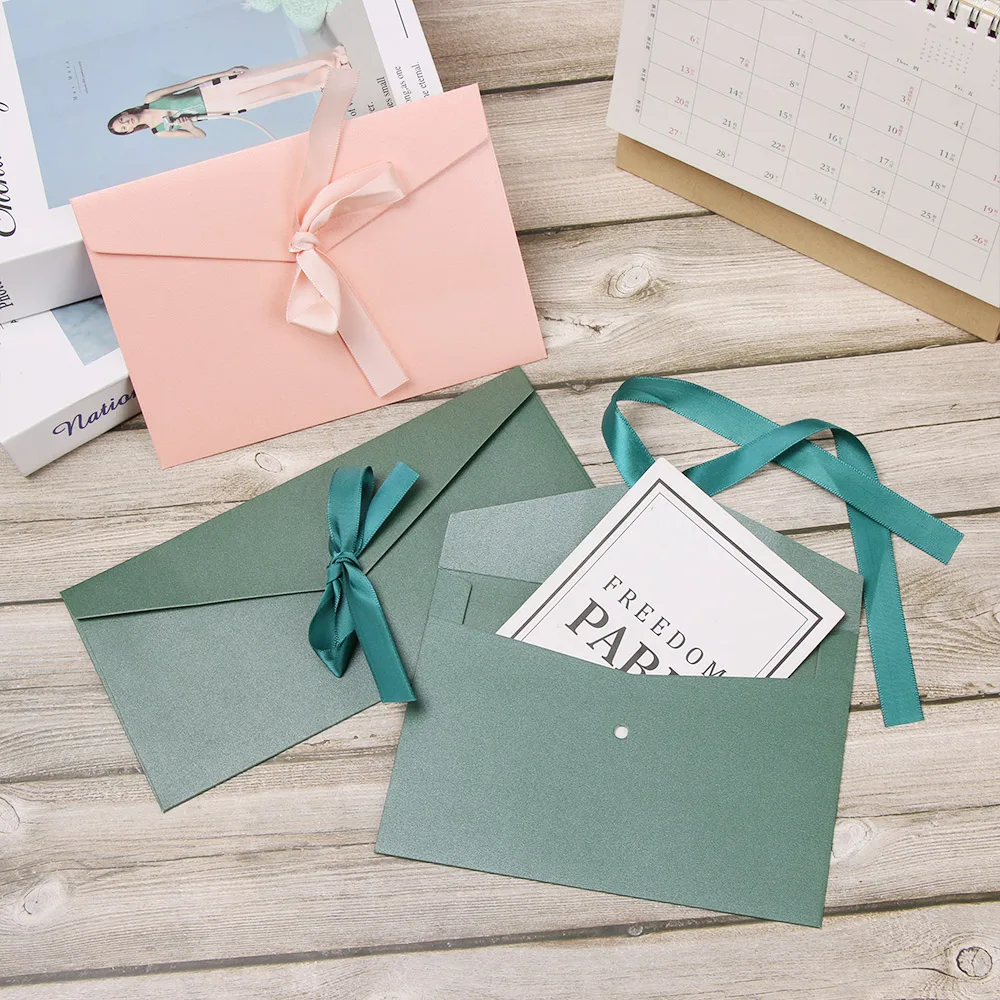 Creative Bow Envelope 10Pcs/Set Retro Greeting Card Bags Multicolor Pearlescent Paper Envelop Ribbon Mailer For Wedding Invited