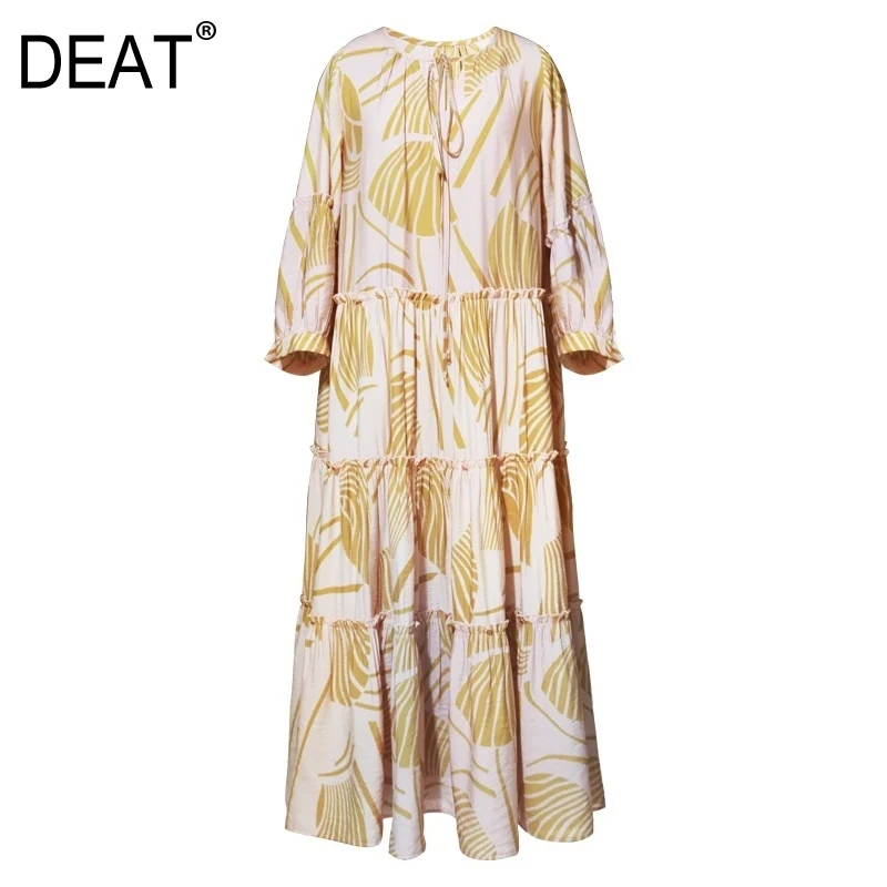 

[DEAT] 2020 spring Women's Fashion Trend New Pattern Vintage Loose Print Puff Sleeve V-neck Mid-calf Length Floral Dress AI560