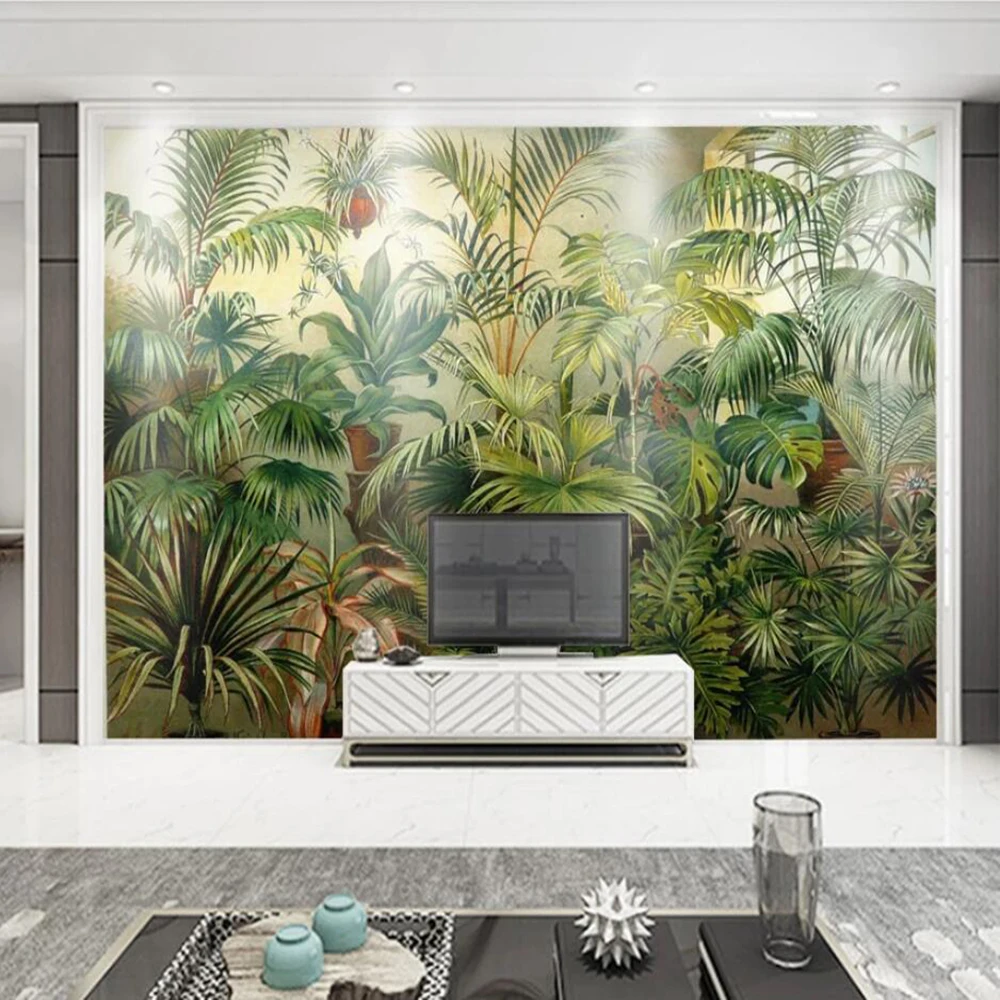 

Dropship Custom 3D Wallpaper Mural Tropical Rain Forest Retro Hand Painted Plantain Background Wall Decoration Mural Wallpaper