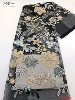 

Anna black french tulle lace fabric embroidered with sequins 5 yards/pcs african net laces nigerian mesh fabrics for party dress