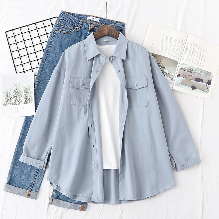 Fresh Simple Solid Color Loose Shirt Women Autumn New Woman Casual Long Sleeve Blouse Cotton Office Blouses Tops Blusas