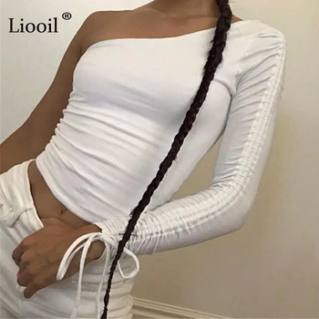 

Liooil One Shoulder Sexy T Shirts Women Black White Short Tops 2020 Long Sleeve Asymmetrical Drawstring Club Bodycon Crop Tops