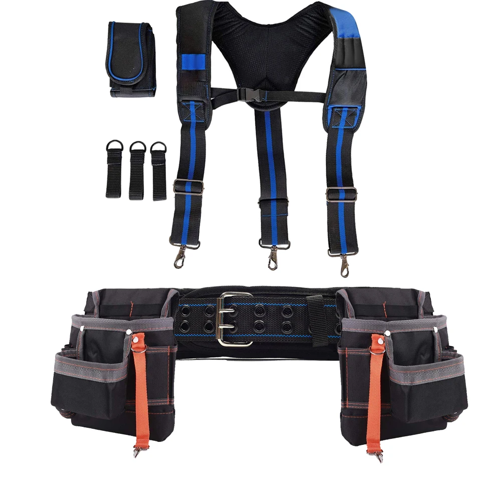 Tirantes de cinturón de herramientas, juego de bolsas, cinturón de herramientas de soporte Lumbar ajustable y tirantes de estilo canesú para carpintero y electricista, 4 piezas