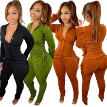 

Casual Women Tracksuit Two Piece Set Pleated Bottom Shirt And Long Pants Solid Color Streetwear Matching Set Clothes For Women