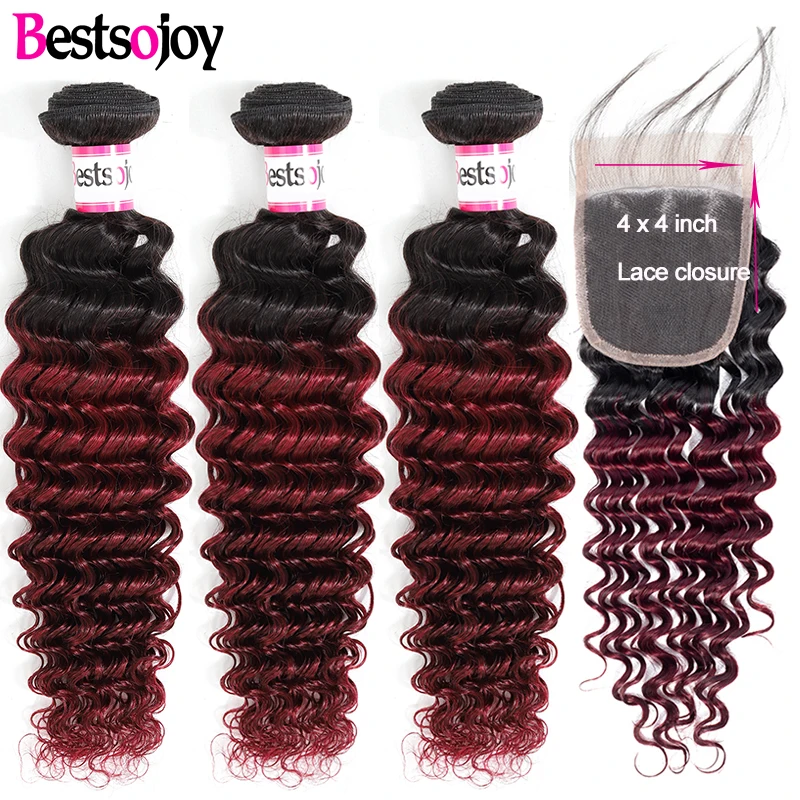 

Bestsojoy Deep Wave 3 Bundles With Closure Human Hair Bundles With Closure Ombre 1B/99j Deep Wave Hair Bundles With Lace Closure