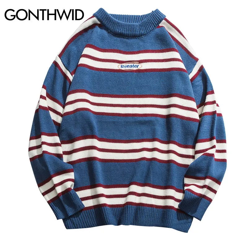 

GONTHWID Striped Color Block Casual Knitted Sweaters Hip Hop Pullover Long Sleeve Crewneck Loose Knitwear Jumper Tops Streetwear