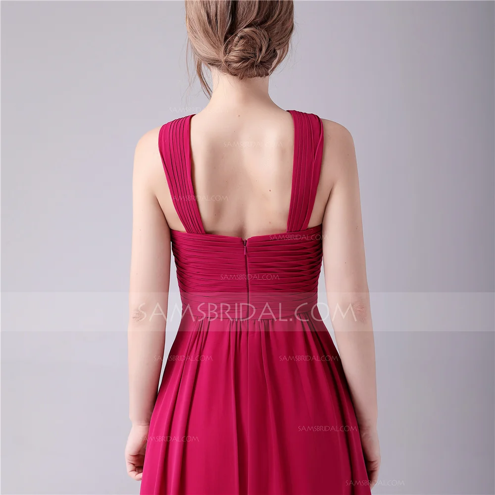 A-Line Высокая шея Длина пола шифон платье невесты с рюшами Ruched